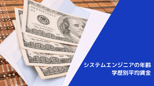 右下に”システムエンジニアの年齢・学歴別平均賃金”と記載。左側に封筒から出るお札の画像